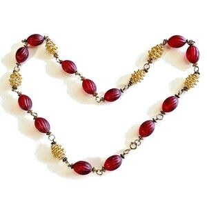Vintage 28" Red Melon Bead & Gold Tone Wire Coil Link Necklace, Unsigned Retro